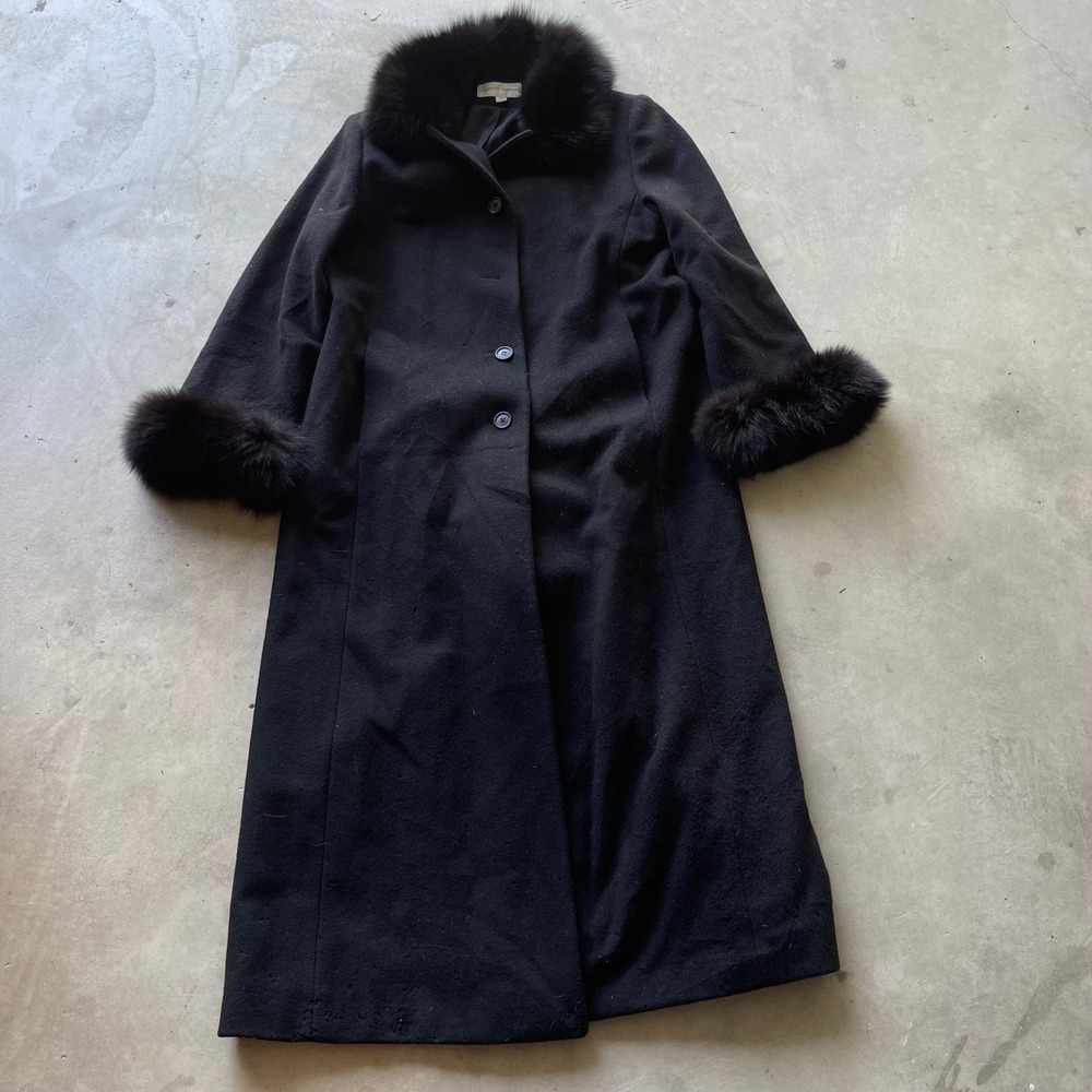 Albert‎ Nipon Vintage Black Wool Coat Real Fur Collar Cuffs Longline Size 16